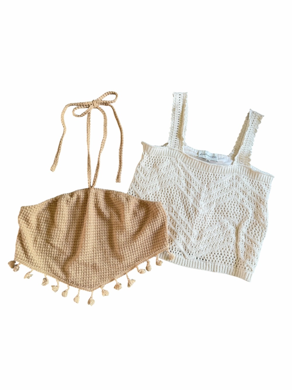 🌟Cream Crochet Tank Top & Tan Crop Top Bundle- Women's Knit Crop Top